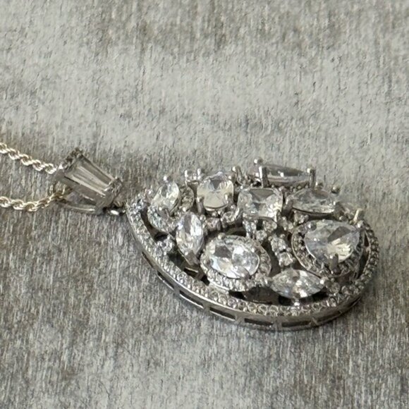 FZN 925 Sterling Silver Necklace w Filigree Teardrop Crystals Pendant 13" long - Picture 15 of 16